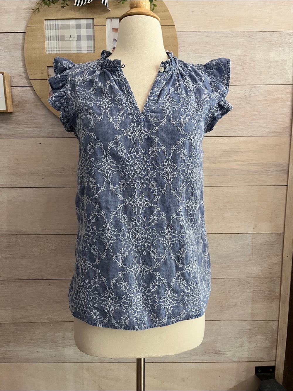 LOFT Blue Embroidered Flutter Sleeve V-Neck Blouse S
